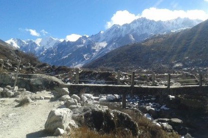 Langtang Valley Trek : bridge on the way to kyanjin and  snowcaped mountains on back drop.